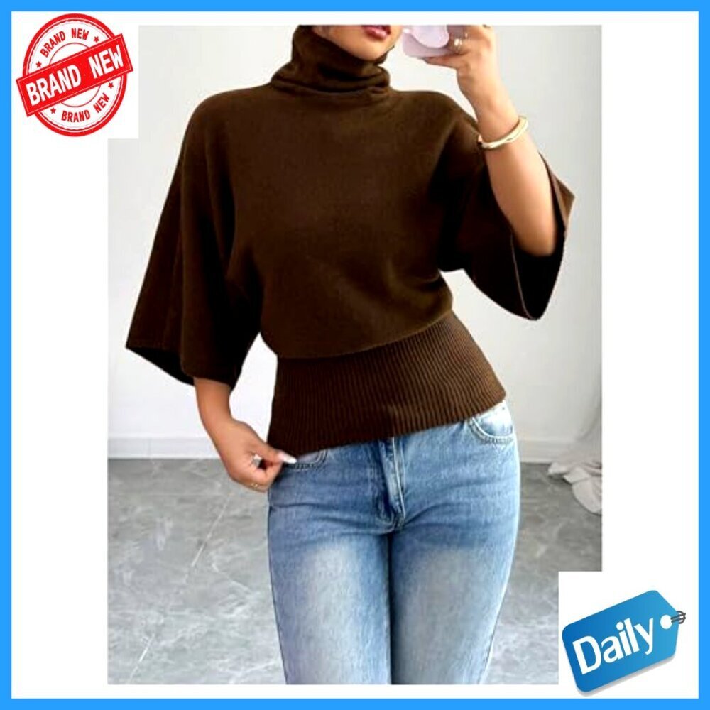 Women's Turtleneck Sweater 3/4 Sleeve Pullover Knitted Business Casual Top - Picture 4 of 5